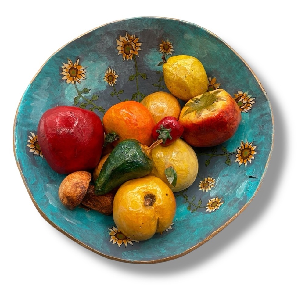 Handmade Fruit Bowl Painted Paper Mache Vegetables Rustic Kitchen Decor